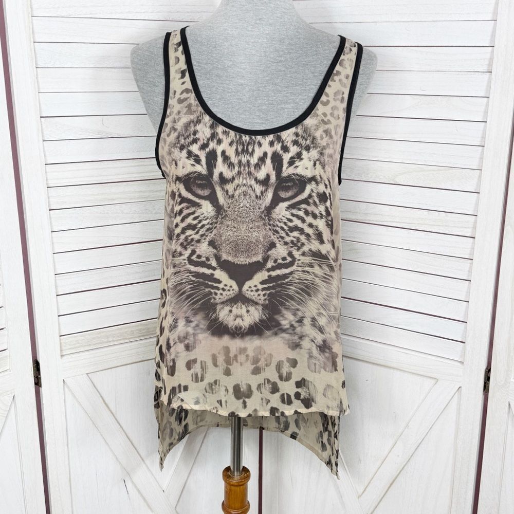 Wet Seal Leopard Faceโ Print Sheer High Low Tank Top Shirt Tan Brown Small